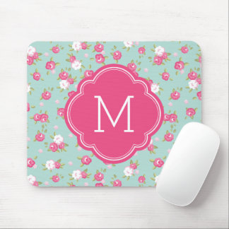 Tapis De Souris Monogramme d'impression Vintage à la menthe et ros