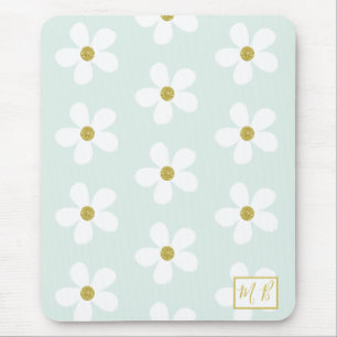 Tapis De Souris Monogramme d'or blanc vert simple marguerite