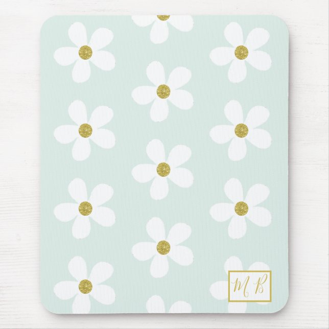 Tapis De Souris Monogramme d'or blanc vert simple marguerite (Devant)