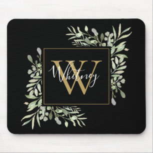 Tapis De Souris Monogramme d'or noir Vert Floral