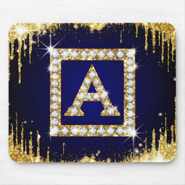 Tapis De Souris Monogramme doré initial A avec paillettes bleues (Devant)