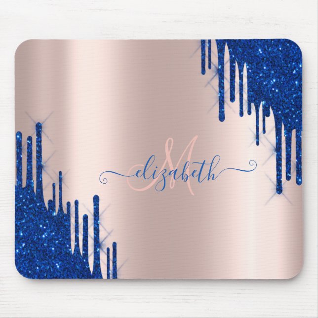 Tapis De Souris Monogramme doré rose avec gouttes de paillettes bl (Devant)
