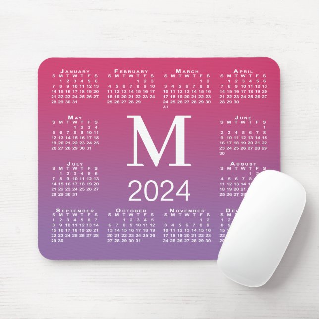 Tapis De Souris Monogramme du calendrier 2024 sur dégradé rose à p (Avec souris)