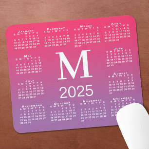 Tapis De Souris Monogramme du calendrier 2025 sur dégradé rose à p