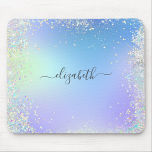 Tapis De Souris Monogramme Écriture Arc-en-ciel Paillettes Bleu Vi