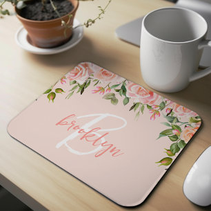 Tapis De Souris Monogramme écriture Roses Florales Rose Pâle 