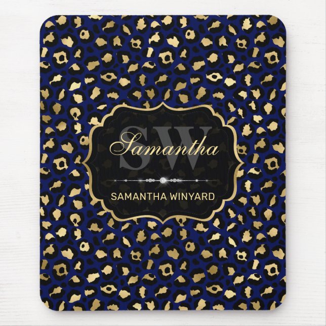 Tapis De Souris Monogramme élégant à taches de léopard bleu et or (Devant)
