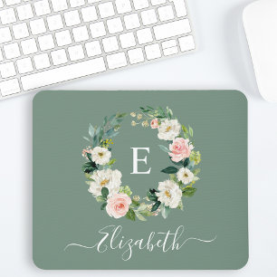 Tapis De Souris Monogramme Élégant Aquarelle Rose Floral Vert Saug