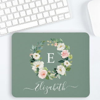 Tapis De Souris Monogramme Élégant Aquarelle Rose Floral Vert Saug