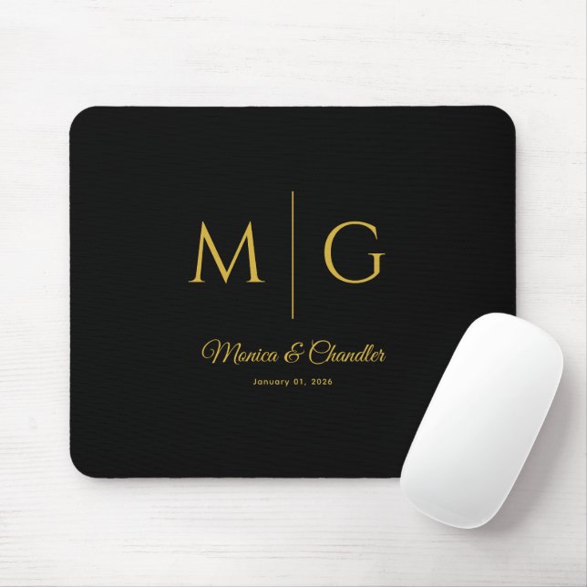 Tapis De Souris Monogramme élégant avec nom de couple Noir (Avec souris)