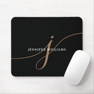 Tapis De Souris Monogramme élégant en noir et or avec écriture cur