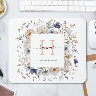 Tapis De Souris Monogramme Élégant Jolies Fleurs Beige Bleu Floral