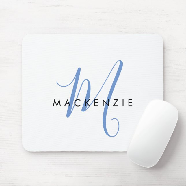 Tapis De Souris Monogramme élégant moderne blanc bleu script (Avec souris)
