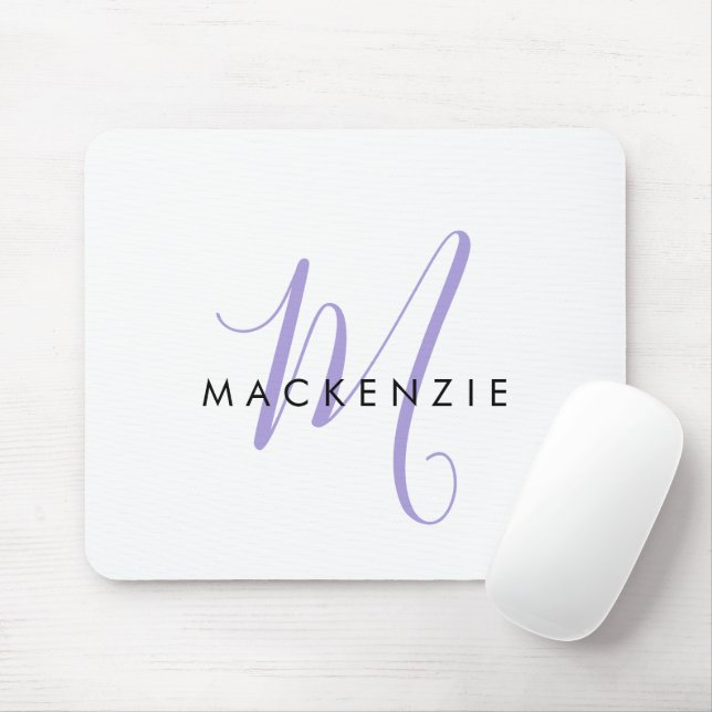 Tapis De Souris Monogramme élégant moderne blanc lavande écriture (Avec souris)