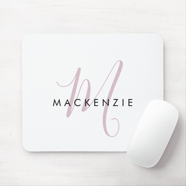 Tapis De Souris Monogramme élégant moderne blanc rose blush écritu (Avec souris)