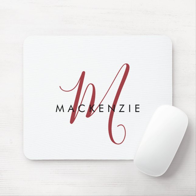 Tapis De Souris Monogramme élégant moderne blanc rouge script (Avec souris)