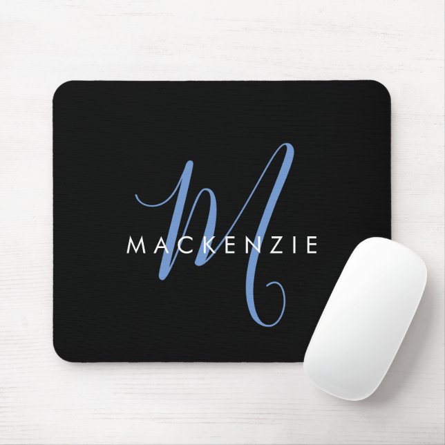 Tapis De Souris Monogramme élégant moderne noir bleu script (Avec souris)