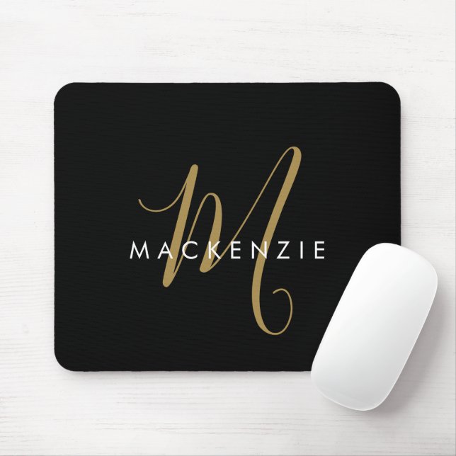 Tapis De Souris Monogramme élégant moderne noir or écriture (Avec souris)