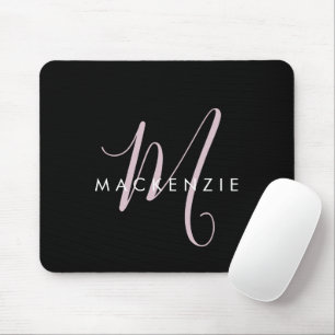 Tapis De Souris Monogramme élégant moderne noir rose blush écritur