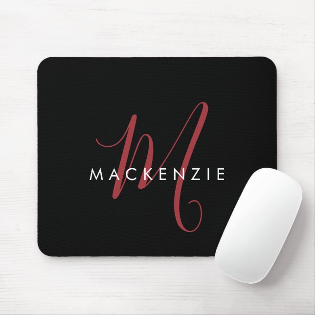 Tapis De Souris Monogramme élégant moderne noir rouge script (Avec souris)
