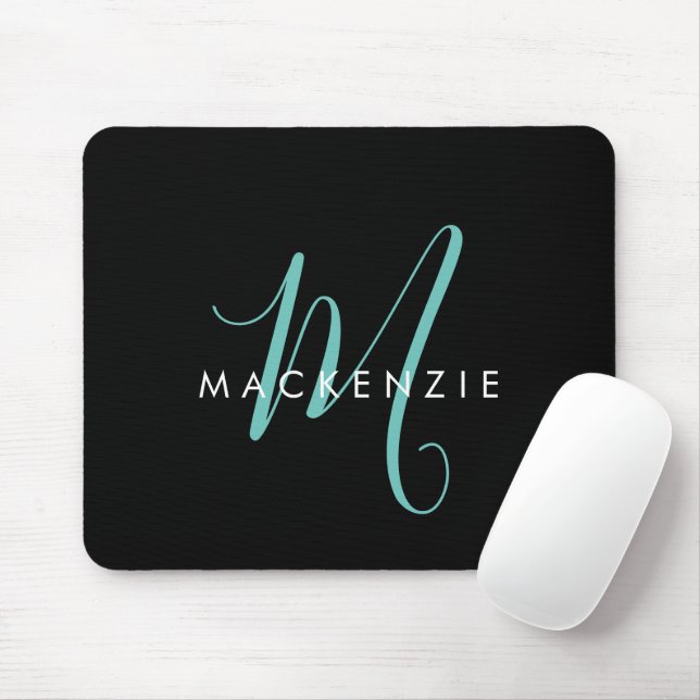 Tapis De Souris Monogramme élégant moderne noir sarcelle écriture (Avec souris)