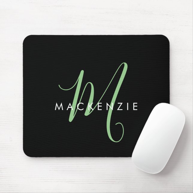 Tapis De Souris Monogramme élégant moderne noir vert écriture (Avec souris)