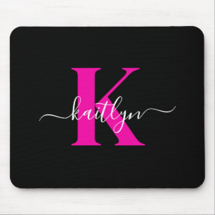 Tapis De Souris Monogramme élégant noir rose vif écriture