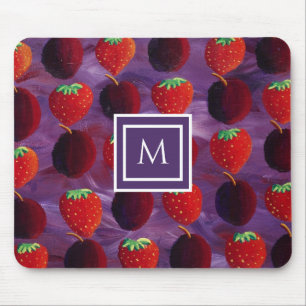 Tapis De Souris Monogramme élégant Plums initiaux et fraises