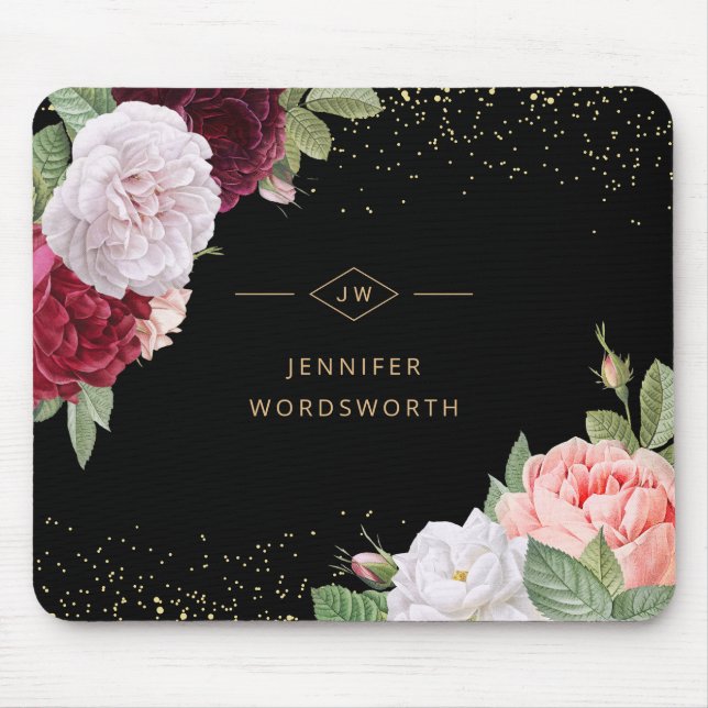 Tapis De Souris Monogramme Elégant Rose Floral rose Bourgogne Noir (Devant)
