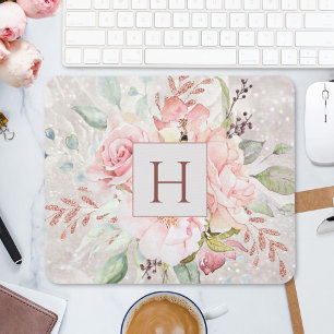 Tapis De Souris Monogramme Elégant rose Peony Floral Marbre
