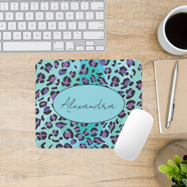 Tapis De Souris Monogramme Empreinte de léopard bleu et violet rét (Créateur téléchargé)