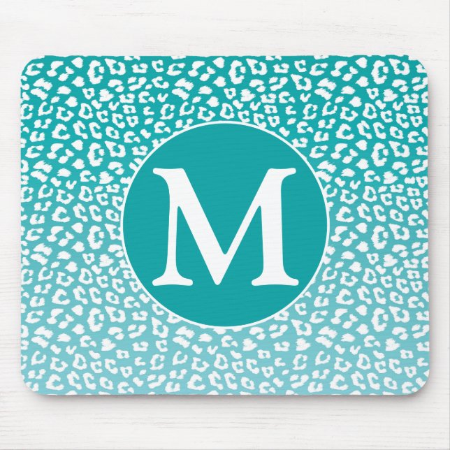 Tapis De Souris Monogramme Empreinte de léopard Turquoise (Devant)