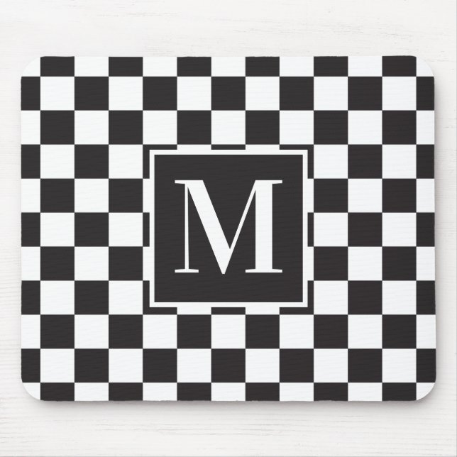 Tapis De Souris Monogramme en damier Chic noir et blanc (Devant)