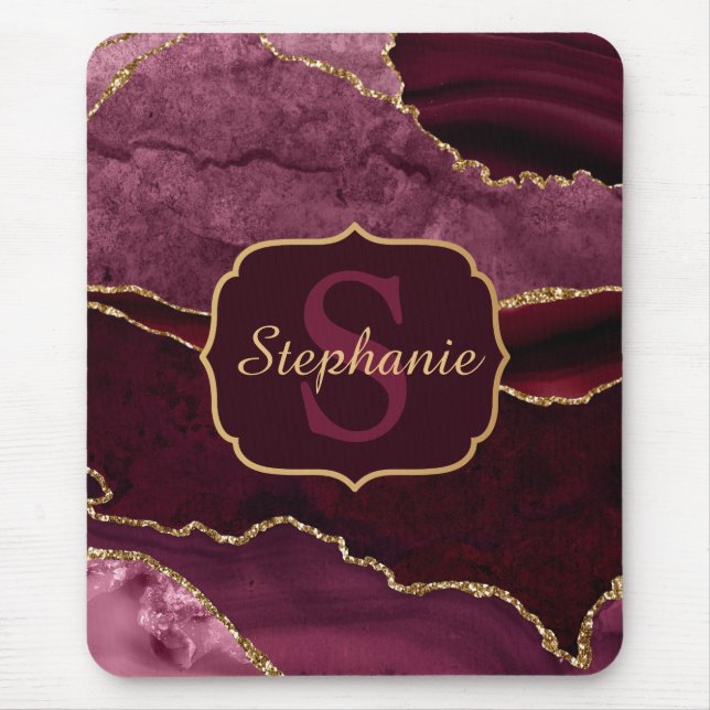 Tapis De Souris Monogramme en marbre d'agate pailleté rouge bordea (Devant)
