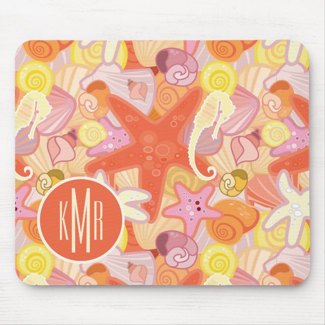 Tapis De Souris Monogramme en pastel des créatures | de mer (Devant)