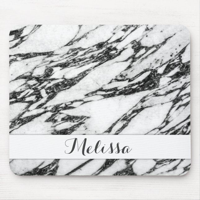 Tapis De Souris Monogramme en pierre de marbre noir et blanc (Devant)