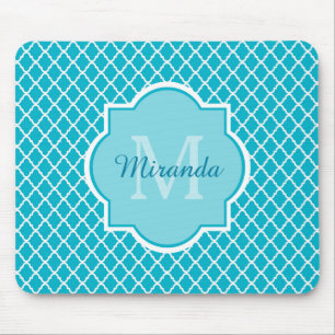 Tapis De Souris Monogramme et nom de Quatrefoil bleu turquoise cla