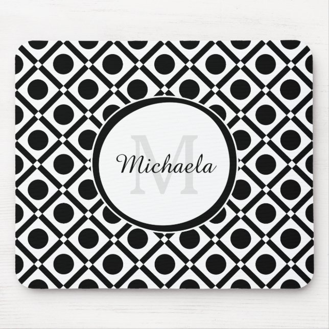 Tapis De Souris Monogramme et nom géométrique noir et blanc modern (Devant)