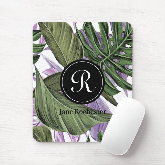 Tapis De Souris Monogramme Feuille violet vert d'été tropical (Avec souris)