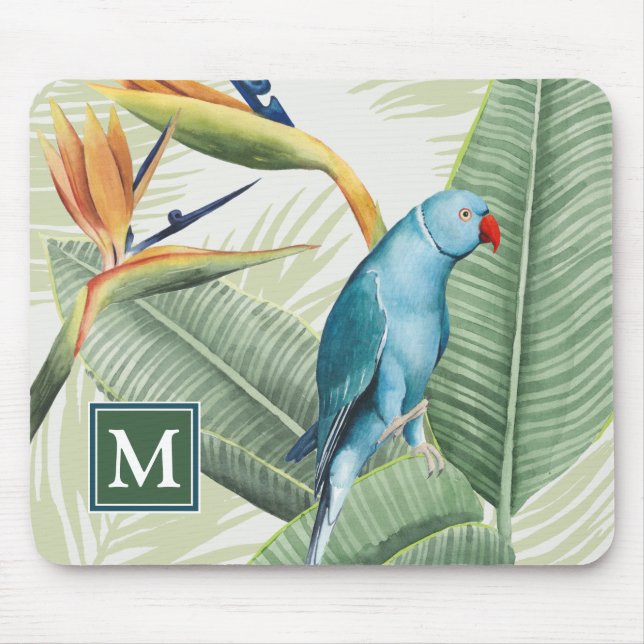 Tapis De Souris Monogramme | Feuilles de palmiers à oiseaux bleus (Devant)