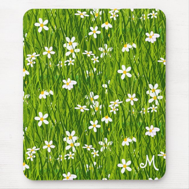 Tapis De Souris Monogramme, fleurs blanches et feuilles vertes (Devant)