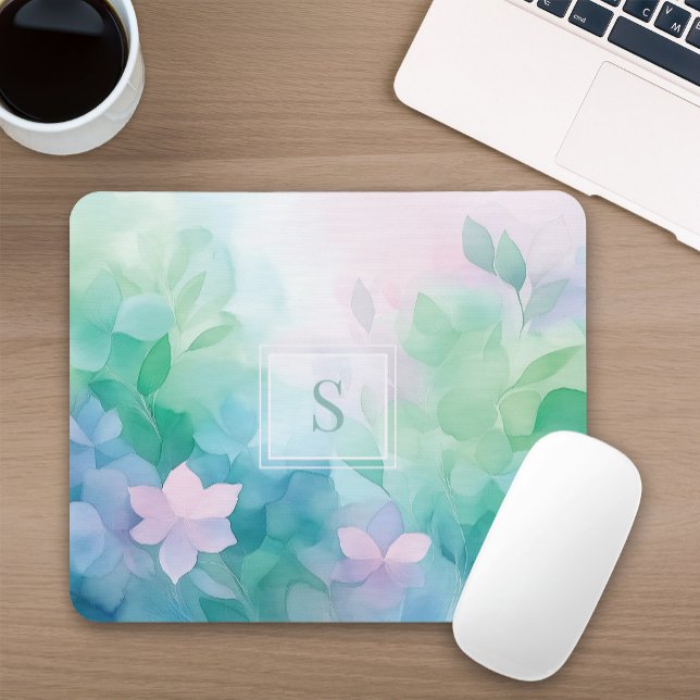 Tapis de souris monogramme floral aquarelle pastel (Créateur téléchargé)