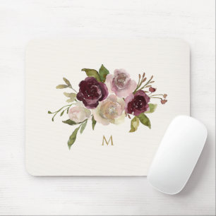 Tapis De Souris Monogramme Floral Aquarelle Rose Bourguignon Moder