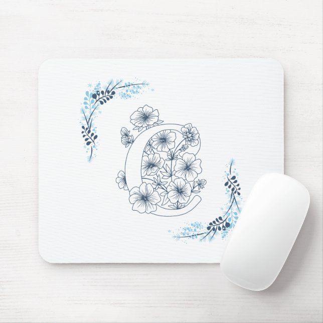 Tapis De Souris Monogramme floral bleu "C" initial calmé (Avec souris)