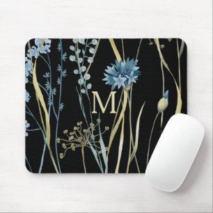 Tapis De Souris Monogramme Floral Bleu et Or sur Noir