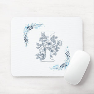 Tapis De Souris Monogramme floral bleu initial "I" calme
