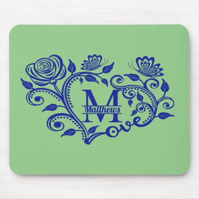 Tapis De Souris Monogramme floral bleu marine personnalisé M (Devant)