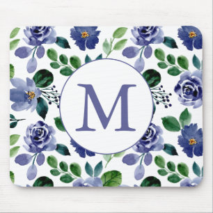 Tapis De Souris Monogramme floral bleu marine russe