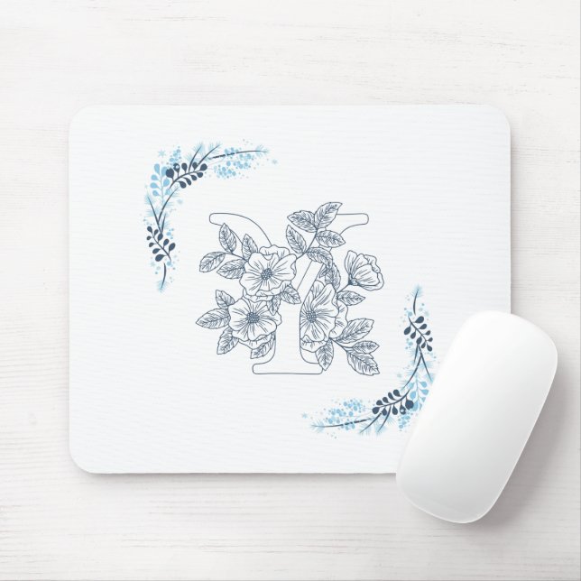 Tapis De Souris Monogramme floral bleu "Y" initial calmé (Avec souris)