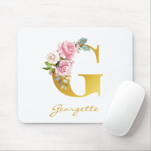 Tapis De Souris Monogramme floral faux or nom initial personnalise
